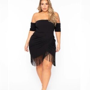 Chic Black Strapless Dress with Fringe